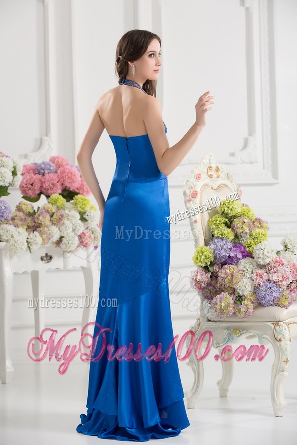 Column Blue Empire Halter Top Evening Dress with Beading and High Slit