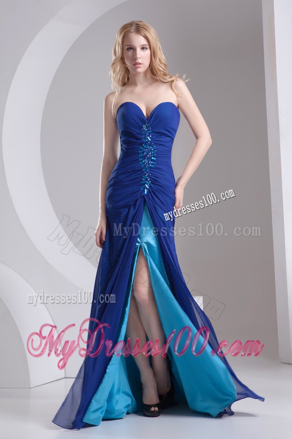 Column Blue Sweetheart Beading High Slit Chiffon Evening Dress