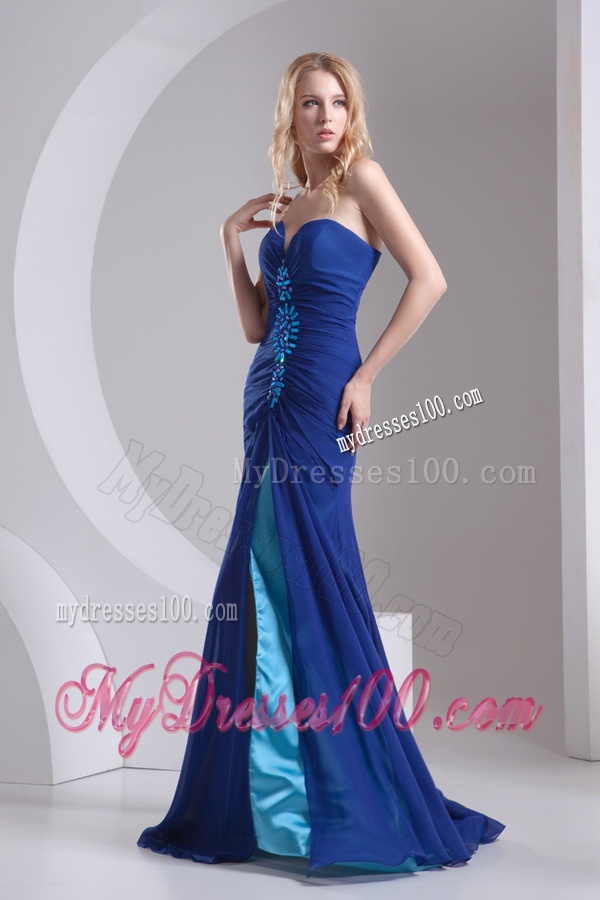 Column Blue Sweetheart Beading High Slit Chiffon Evening Dress