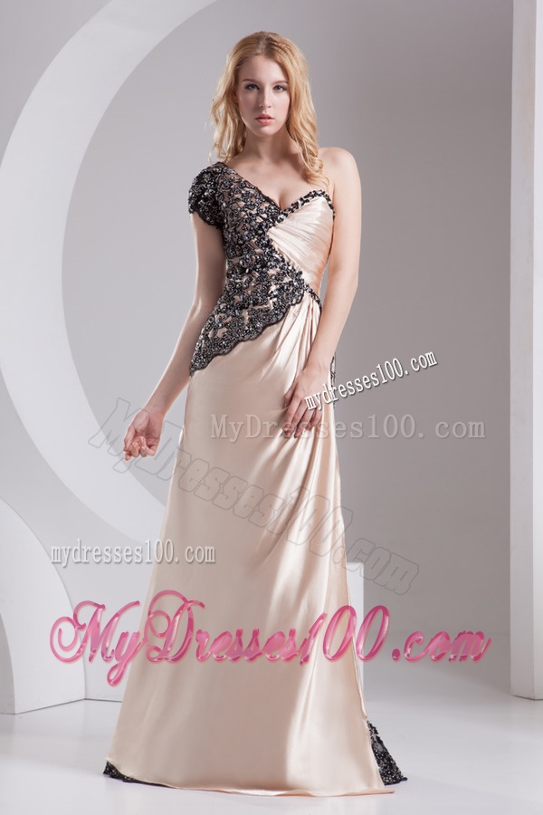 Column Champagne One Shoulder Beading Appliques Taffeta Evening Dress