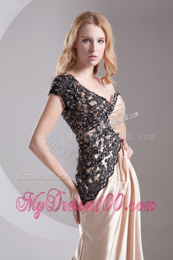Column Champagne One Shoulder Beading Appliques Taffeta Evening Dress