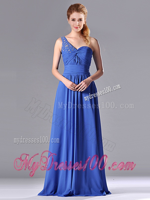 Column Chiffon Beading and Ruching Blue Evening Dress with One Shoulder