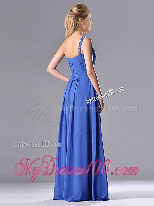Column Chiffon Beading and Ruching Blue Evening Dress with One Shoulder