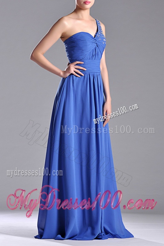 Column Chiffon Beading and Ruching Blue Evening Dress with One Shoulder