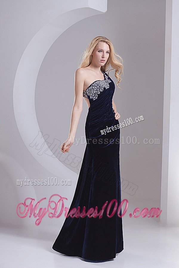 Column Navy Blue One Shoulder Appliques Sleeveless Evening Dress