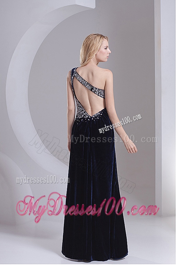 Column Navy Blue One Shoulder Appliques Sleeveless Evening Dress
