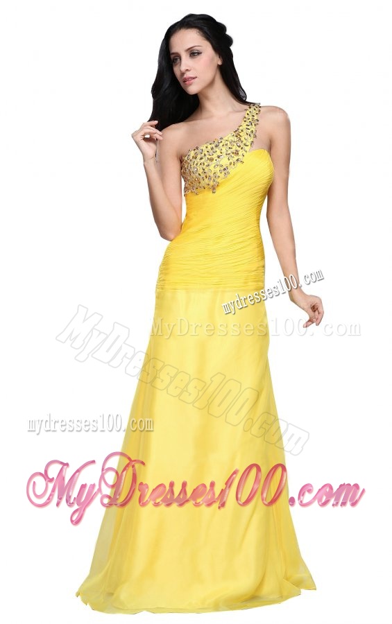 Column One Shoulder Light Yellow Beading Ruching Chiffon Evening Dress