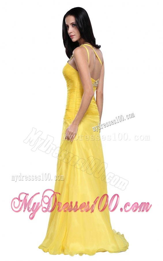 Column One Shoulder Light Yellow Beading Ruching Chiffon Evening Dress