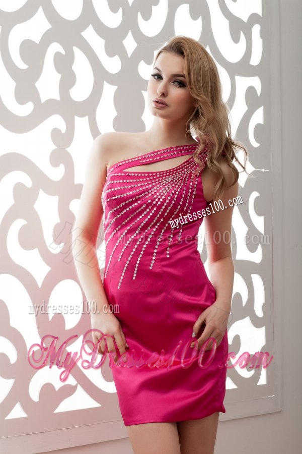 Column One Shoulder Mini-length Taffeta Hot Pink Evening Dress