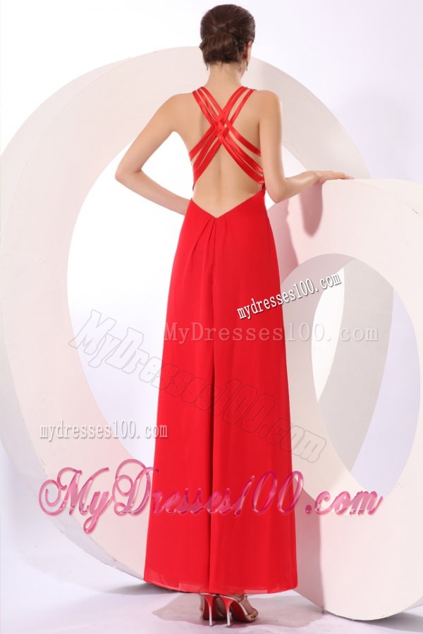 Column Red Halter Beading Chiffon Evening Dress with Criss Cross