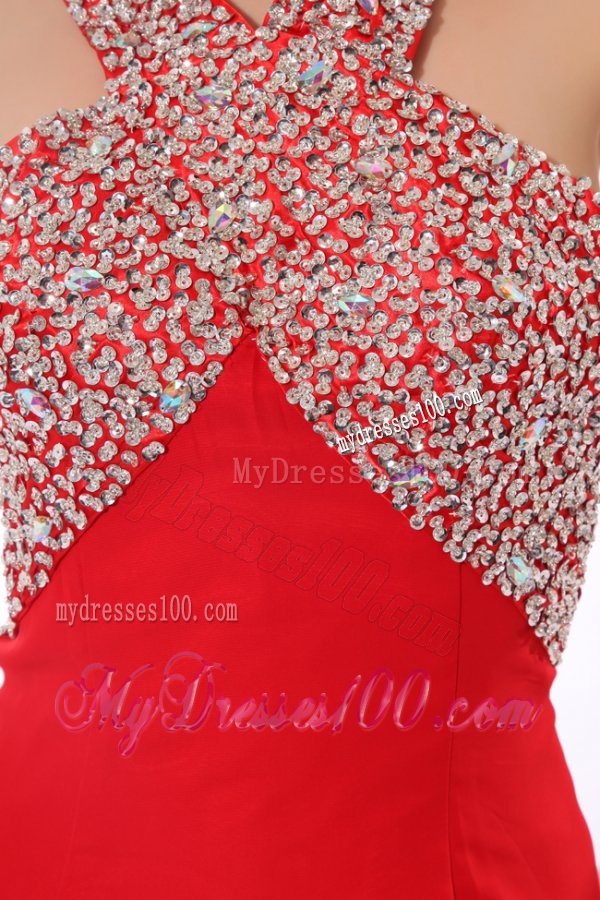 Column Red Halter Beading Chiffon Evening Dress with Criss Cross