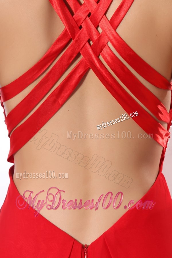 Column Red Halter Beading Chiffon Evening Dress with Criss Cross
