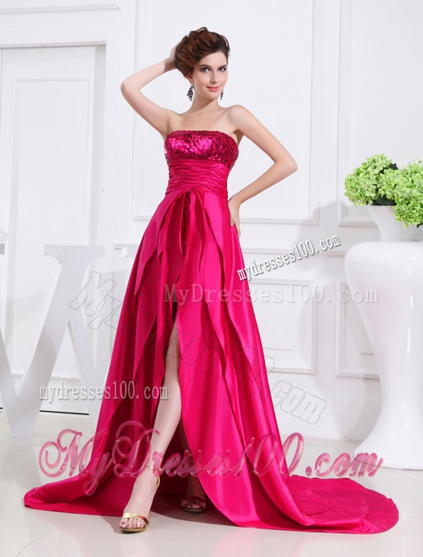 Column Sequins Brush Train Strapsless Hot Pink Evening Dress