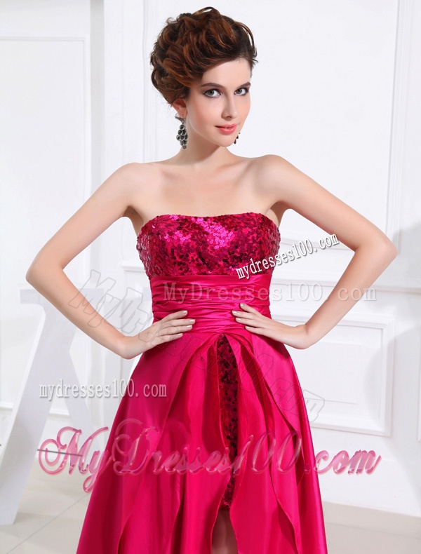Column Sequins Brush Train Strapsless Hot Pink Evening Dress