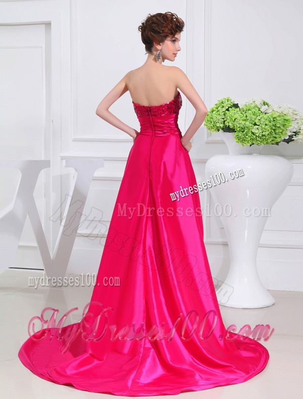 Column Sequins Brush Train Strapsless Hot Pink Evening Dress