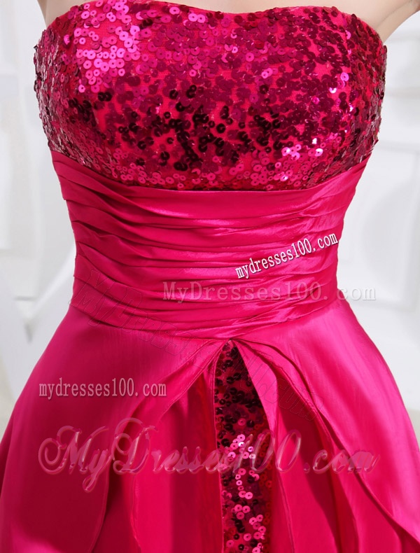 Column Sequins Brush Train Strapsless Hot Pink Evening Dress
