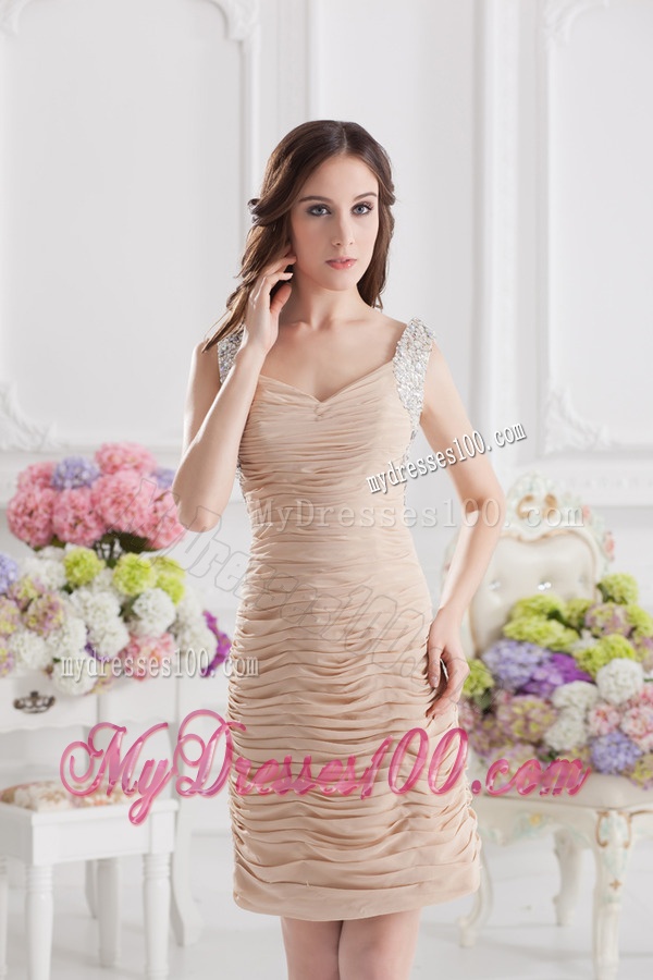 Column Straps Chiffon Evening Dress with Ruching and Beading