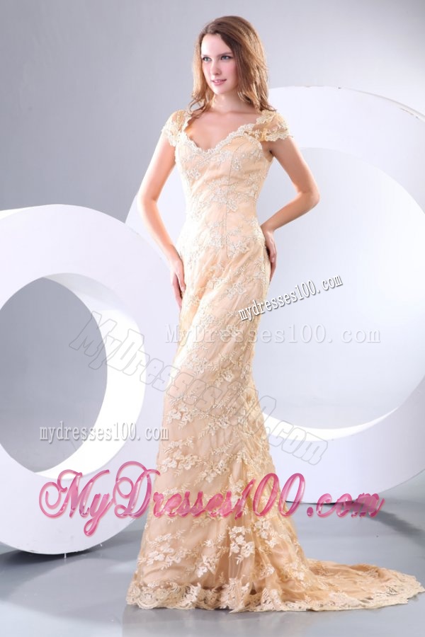 Column V Neck Short Sleeves Brush Train Champagne Appliques Evening Dress