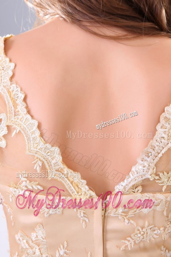 Column V Neck Short Sleeves Brush Train Champagne Appliques Evening Dress