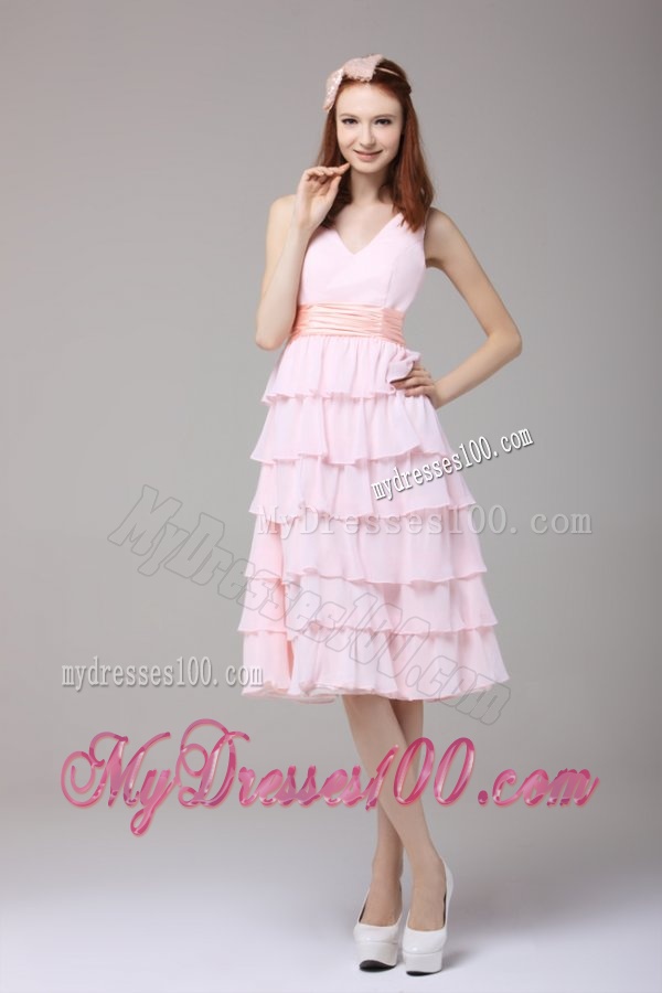 Cute Princess Baby Pink V-neck Ruffled Layers and Ruching Evening Dress