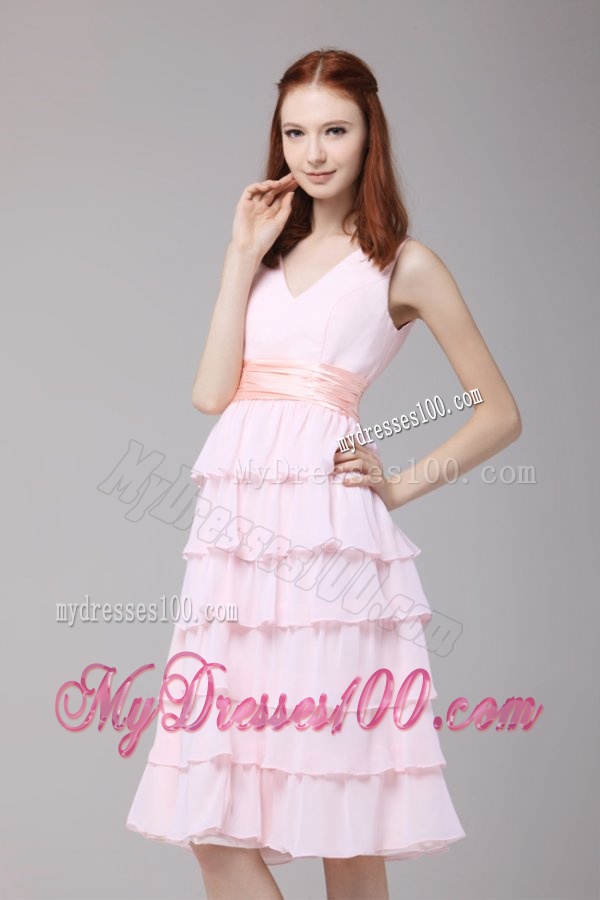 Cute Princess Baby Pink V-neck Ruffled Layers and Ruching Evening Dress