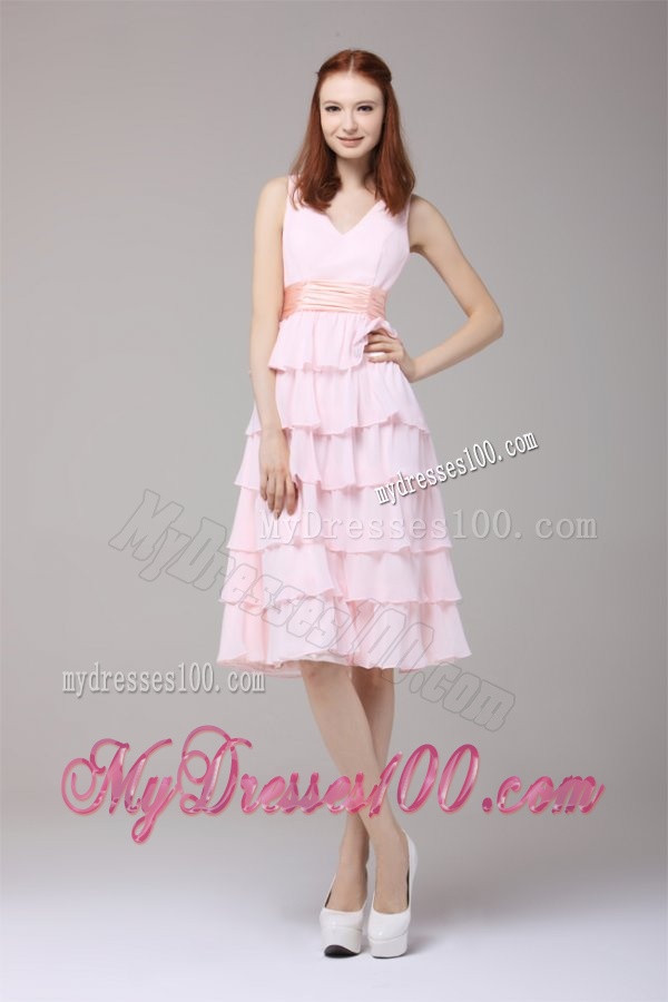 Cute Princess Baby Pink V-neck Ruffled Layers and Ruching Evening Dress