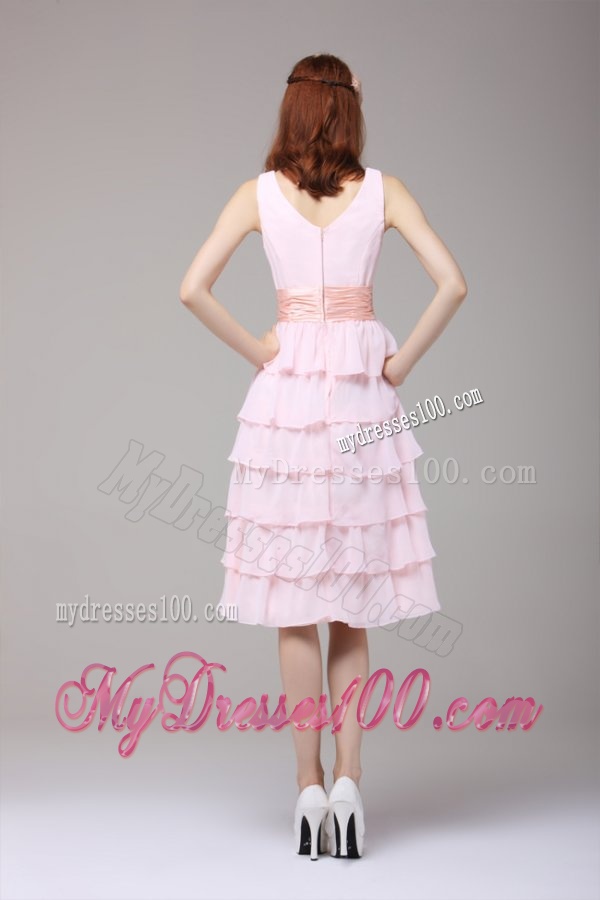 Cute Princess Baby Pink V-neck Ruffled Layers and Ruching Evening Dress