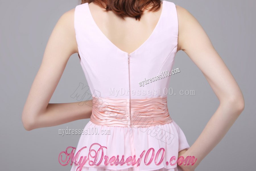 Cute Princess Baby Pink V-neck Ruffled Layers and Ruching Evening Dress