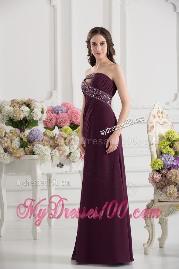 Dark Purple Column Strapless Floor-length Ruching Beading Evening Dress