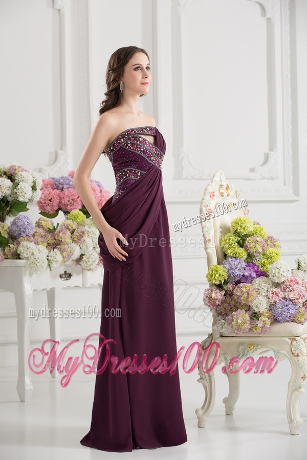 Dark Purple Column Strapless Floor-length Ruching Beading Evening Dress