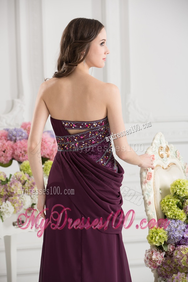 Dark Purple Column Strapless Floor-length Ruching Beading Evening Dress
