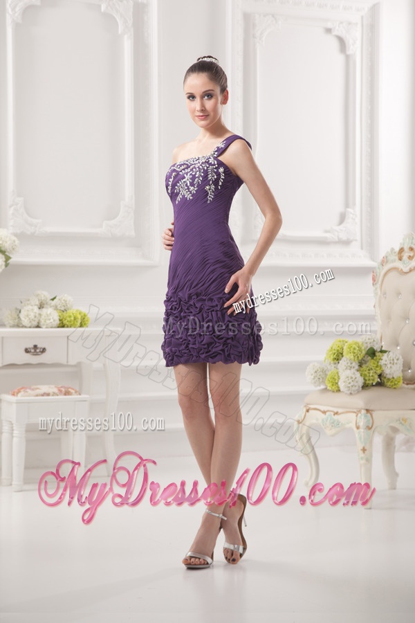 Dark Purple One Shoulder Evening Dress with Beading and Ruffles