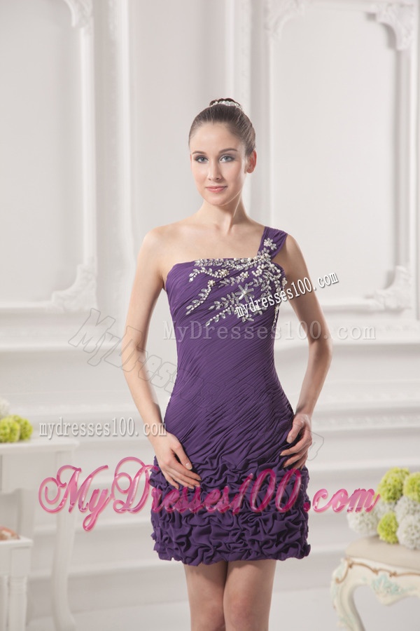 Dark Purple One Shoulder Evening Dress with Beading and Ruffles