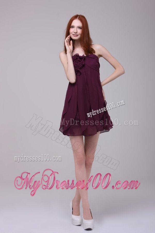 Dark Purple Strapless Hand Made Flower Short Evening Dress