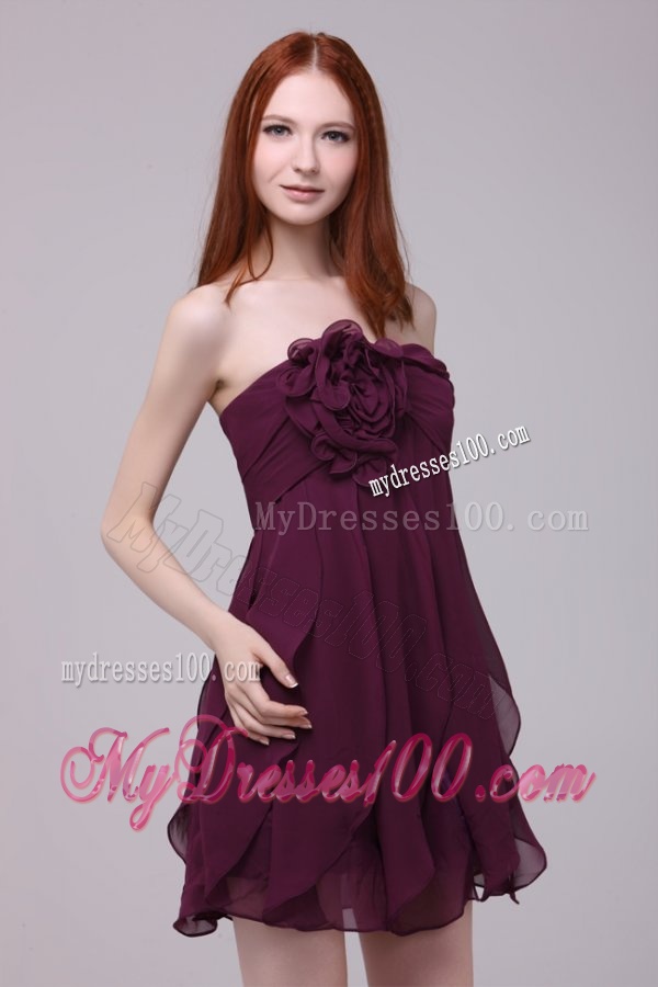 Dark Purple Strapless Hand Made Flower Short Evening Dress