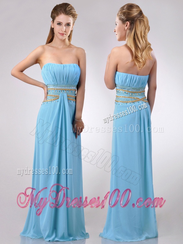 Discount Beaded Decorated Waist and Ruched Bodice Evening Dress in Aqua Blue