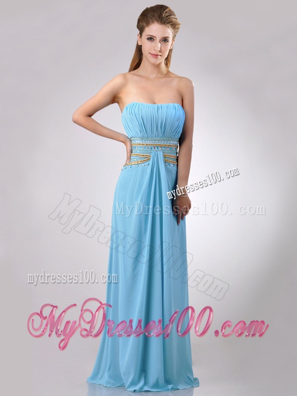Discount Beaded Decorated Waist and Ruched Bodice Evening Dress in Aqua Blue