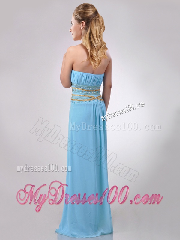 Discount Beaded Decorated Waist and Ruched Bodice Evening Dress in Aqua Blue