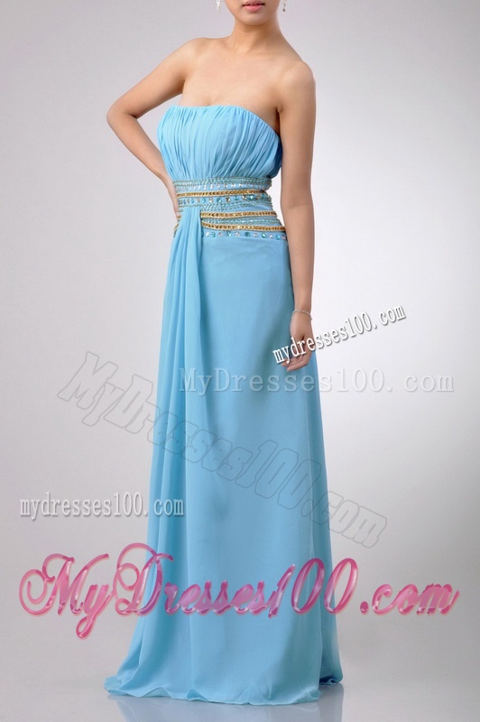 Discount Beaded Decorated Waist and Ruched Bodice Evening Dress in Aqua Blue