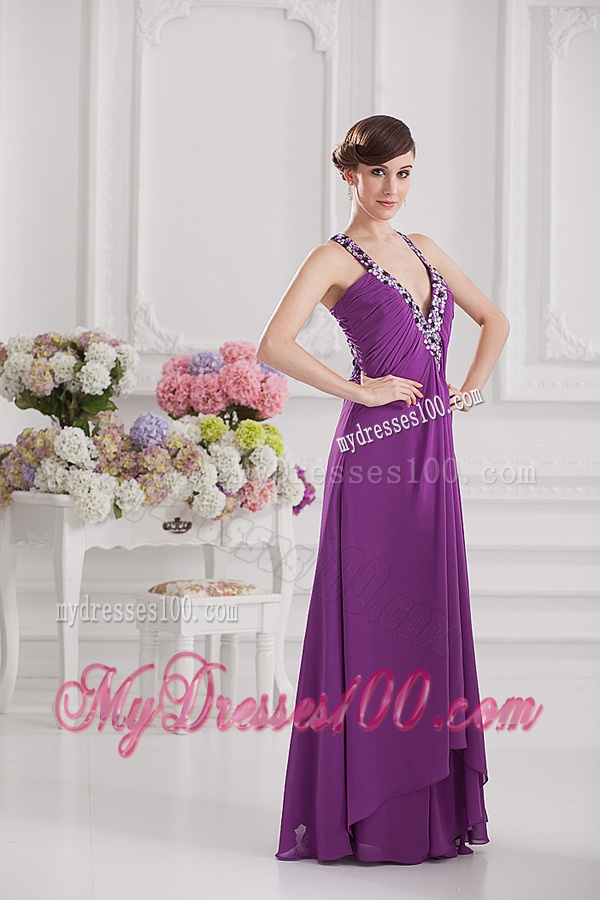 Eggplant Purple Empire V-neck Criss-cross Evening Dress with Beading