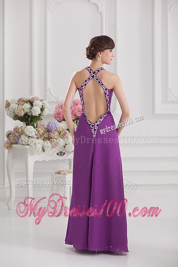 Eggplant Purple Empire V-neck Criss-cross Evening Dress with Beading