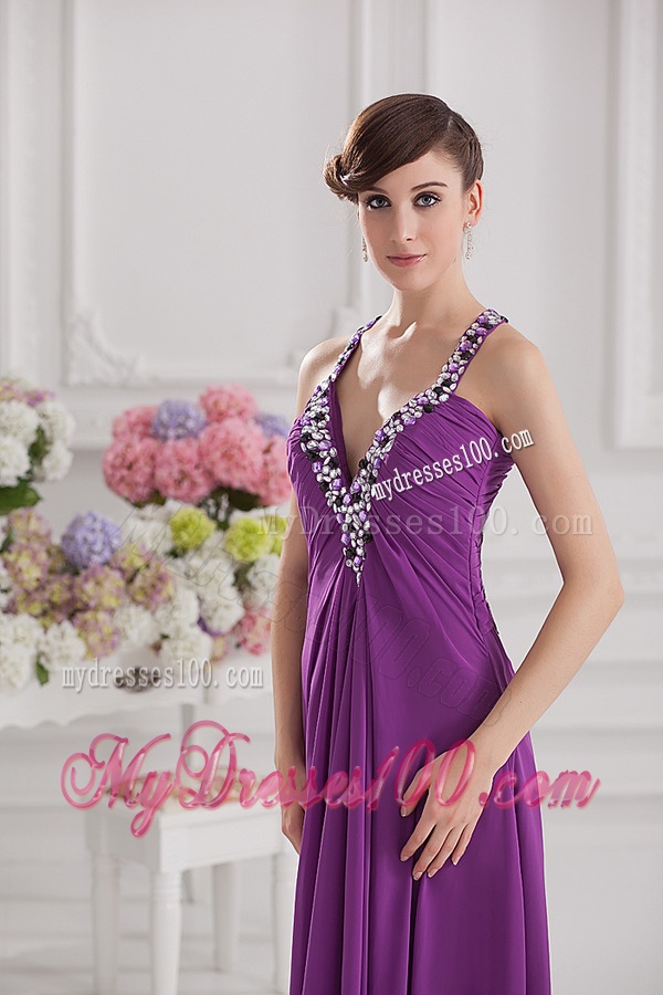 Eggplant Purple Empire V-neck Criss-cross Evening Dress with Beading