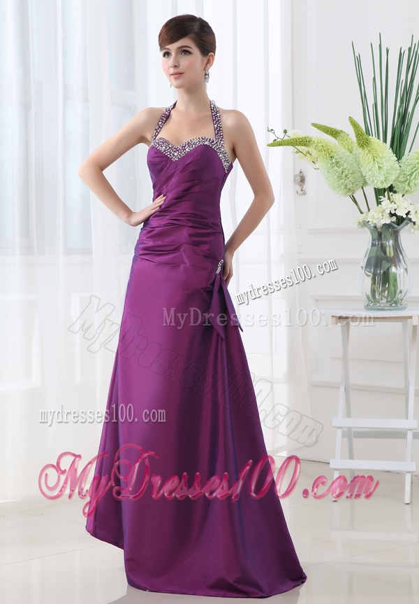 Eggplant Purple Halter Top Beading and Ruching Taffeta A-line Evening Dress
