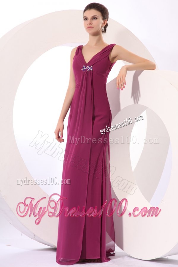 Elegant Empire V-neck Beading Purple Chiffon Evening Dress