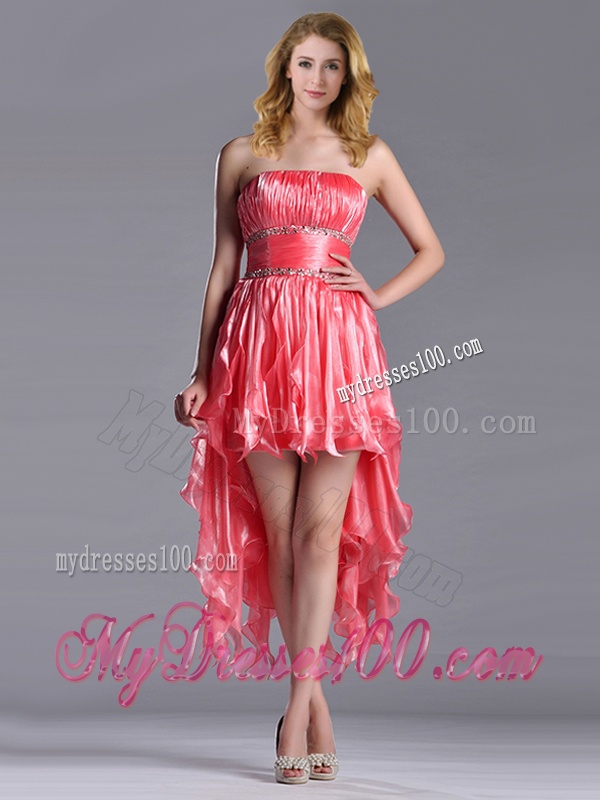 Elegant Strapless High Low Beaded Decorated Waist Evening Dress in Coral Red