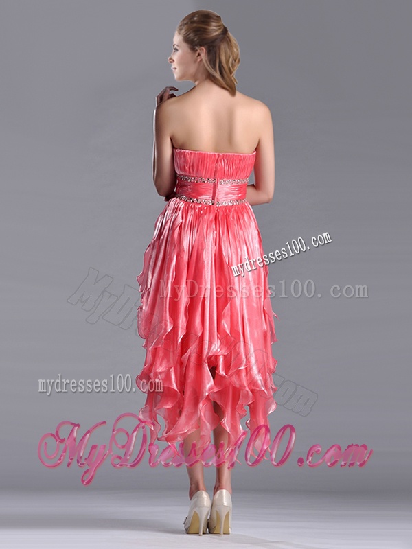 Elegant Strapless High Low Beaded Decorated Waist Evening Dress in Coral Red
