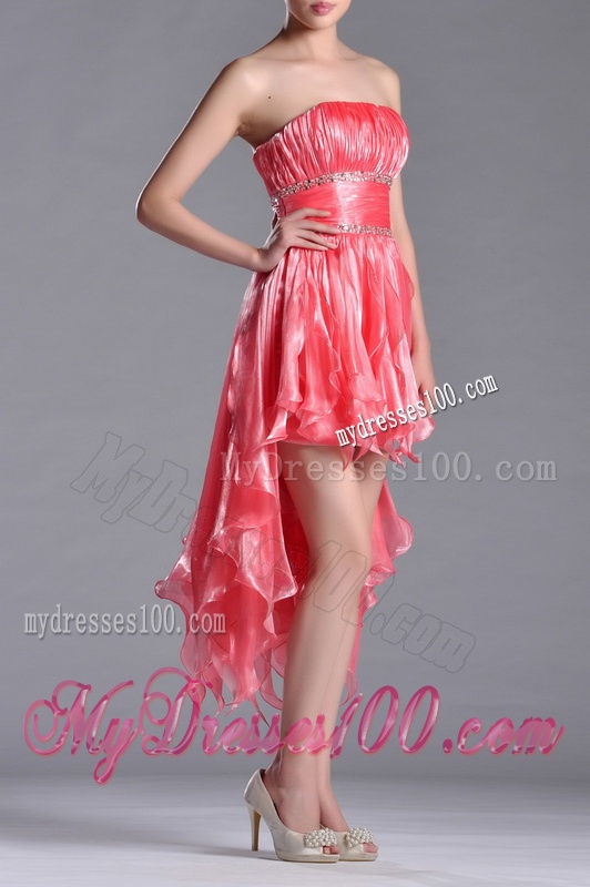 Elegant Strapless High Low Beaded Decorated Waist Evening Dress in Coral Red