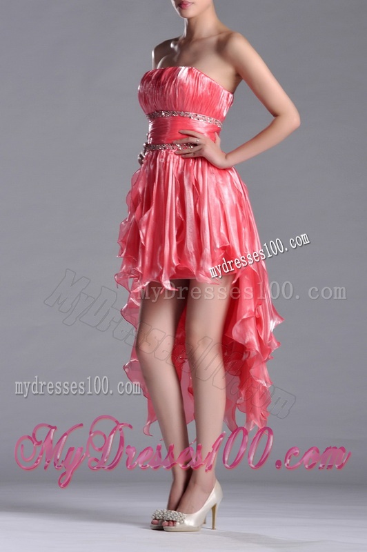 Elegant Strapless High Low Beaded Decorated Waist Evening Dress in Coral Red