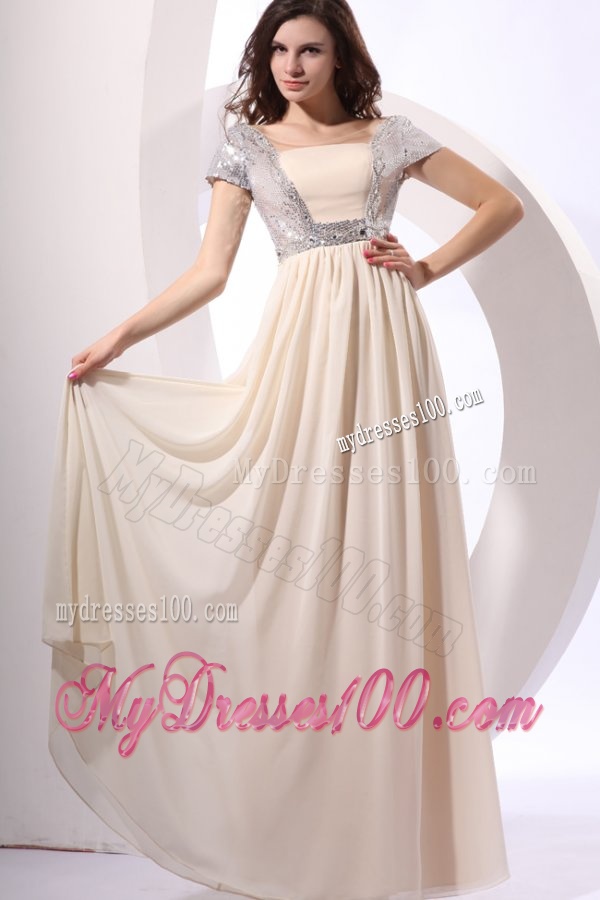 Empire Chiffon Scoop Champagne Long Evening Dress with Short Sleeves