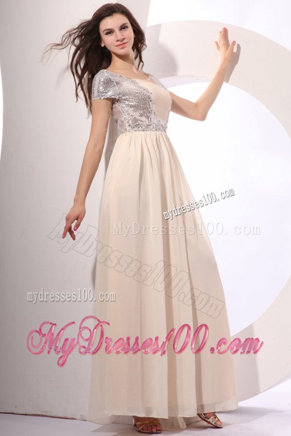 Empire Chiffon Scoop Champagne Long Evening Dress with Short Sleeves